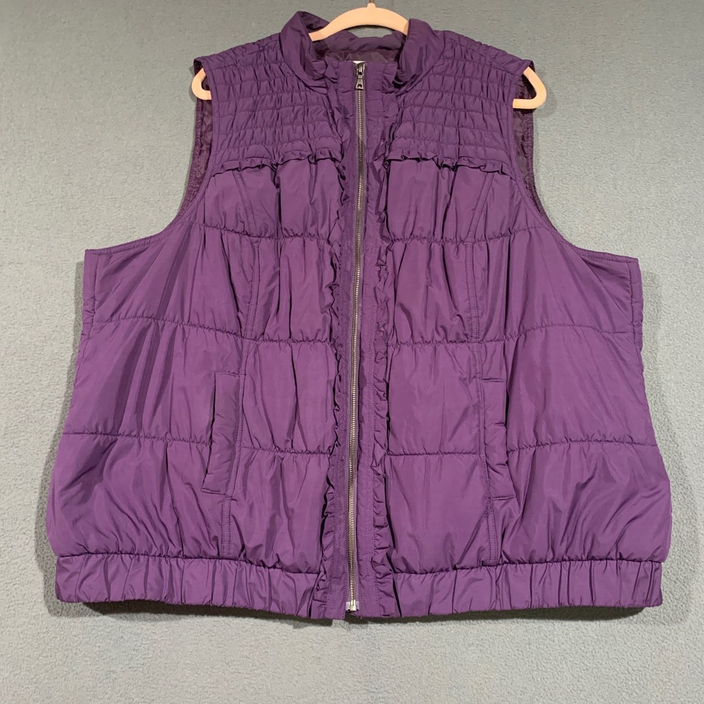 CJ Banks Womens Purple Ruffle‎ Trim Puffer Vest Plus Size 3X Mock Neck Zip Front
